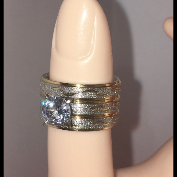 ⚜️ Two Tone Frosted Steel 3 Band Wedding Ring Set - Picture 4 of 13